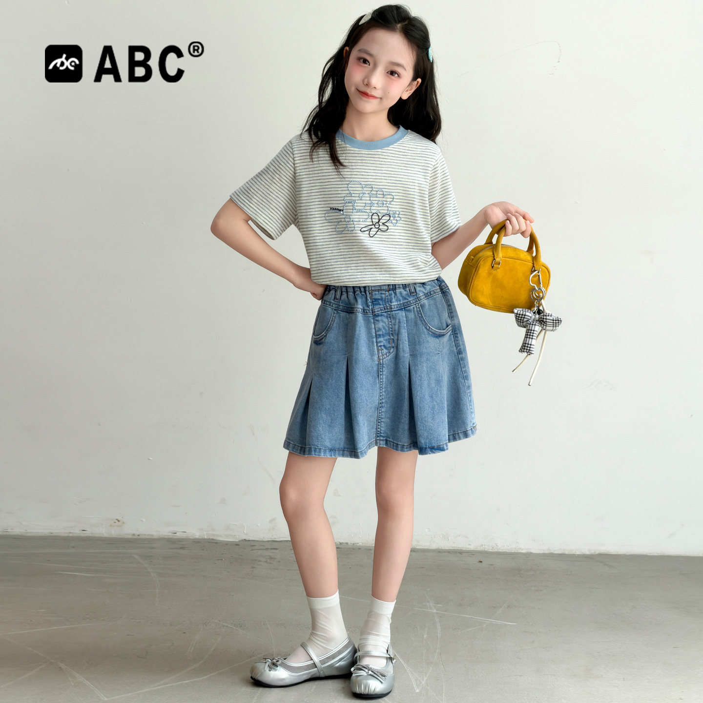 ABC女童夏季套装2026新款女孩条纹短袖牛仔短裙两件套时髦儿童装