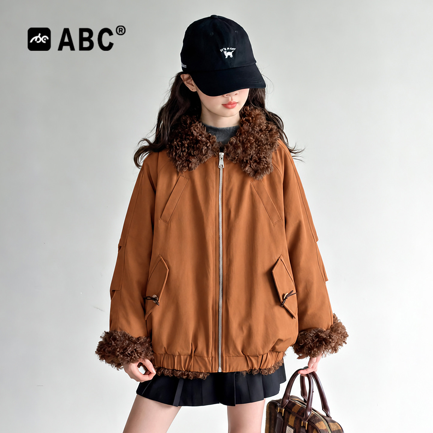 ABC女童外套2026新款中大童女孩夹棉毛领派克服冬季儿童保暖棉衣