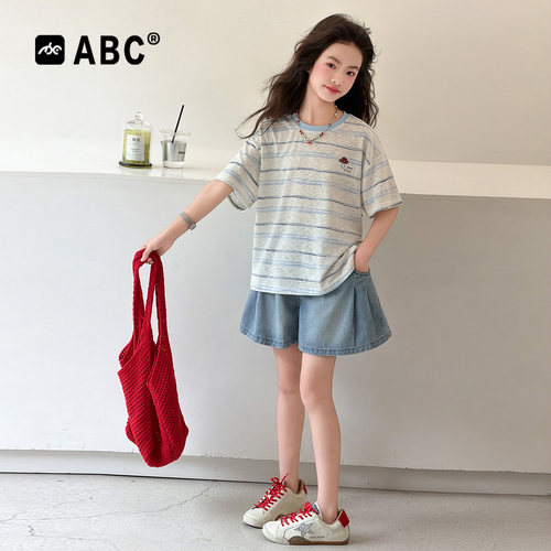 ABC女童夏季韩系条纹牛仔套装