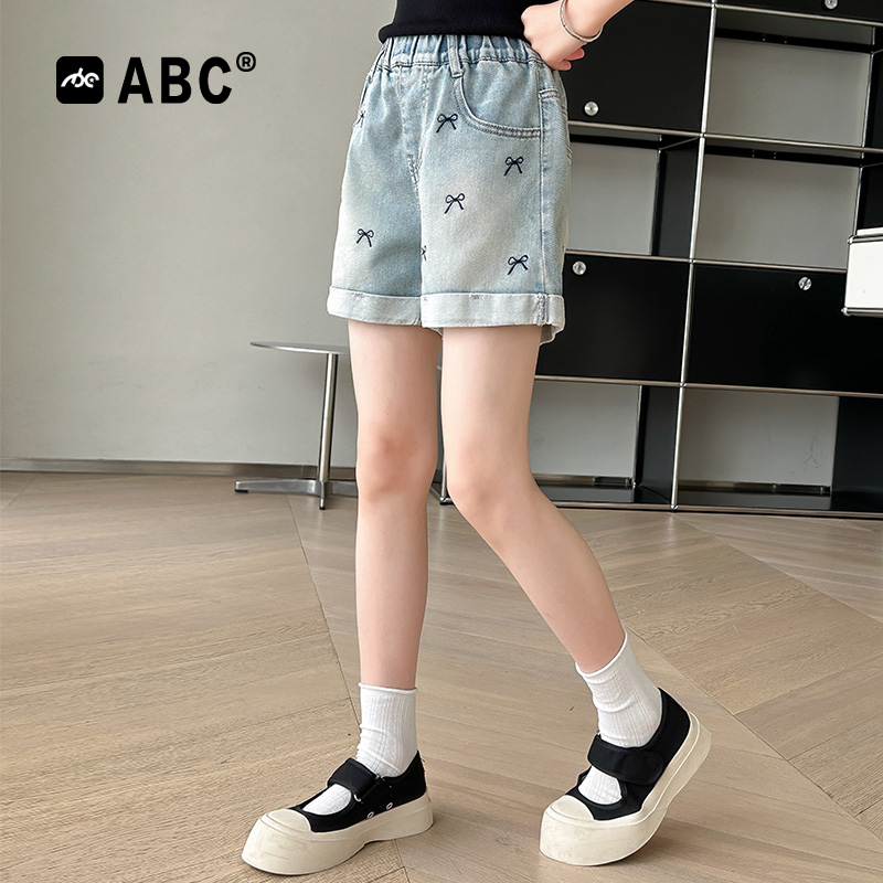 ABC女童夏季牛仔短裤205新款儿童蝴蝶绣花夏天裤子女孩薄款中裤潮