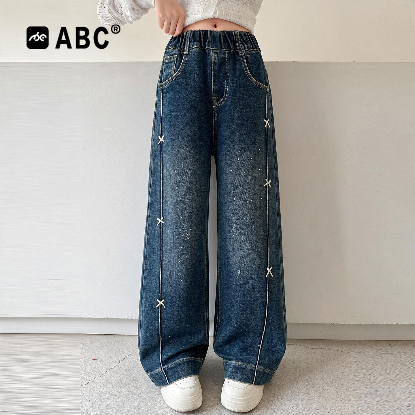 ABC女童韩系撒银蝴蝶结牛仔裤图片
