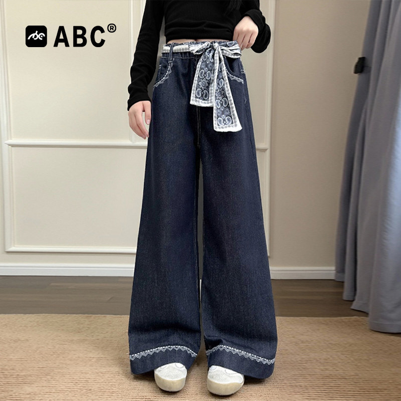 ABC女童春秋阔腿牛仔裤2026款