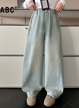 ABC女童牛仔裤春秋款2025新款儿童浅蓝色弯刀裤中大童女孩阔腿裤