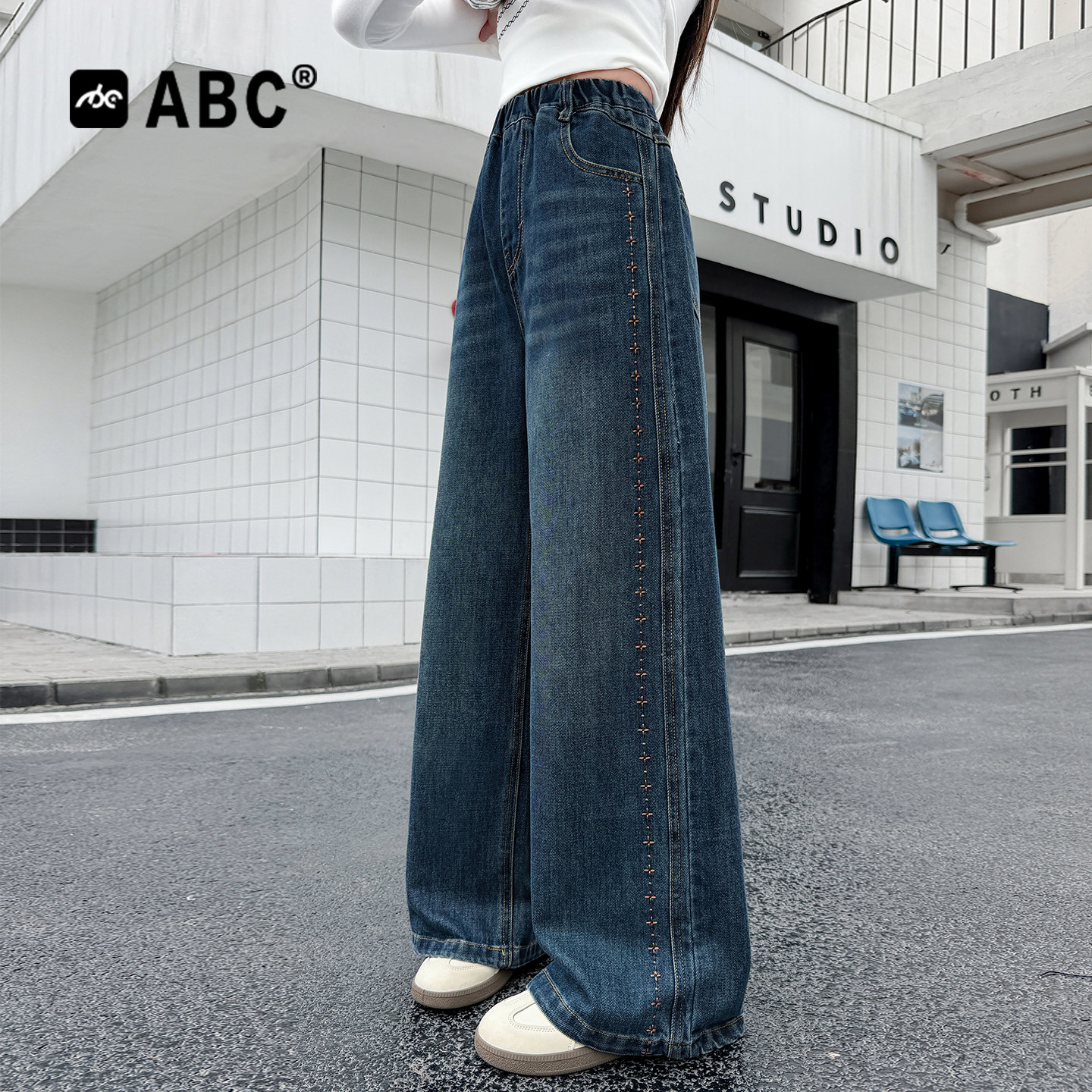 ABC女童牛仔裤春秋款中大童时髦窄版阔腿裤女孩休闲裤独特裤子潮