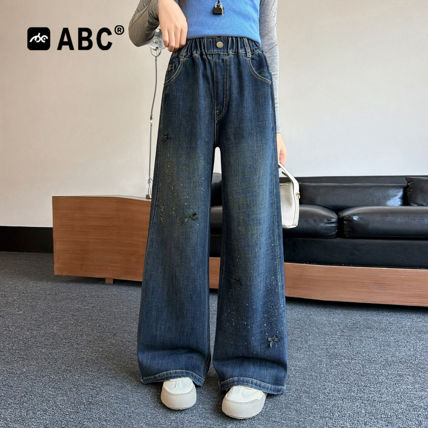 ABC女童新款蝴蝶结阔腿牛仔裤图片