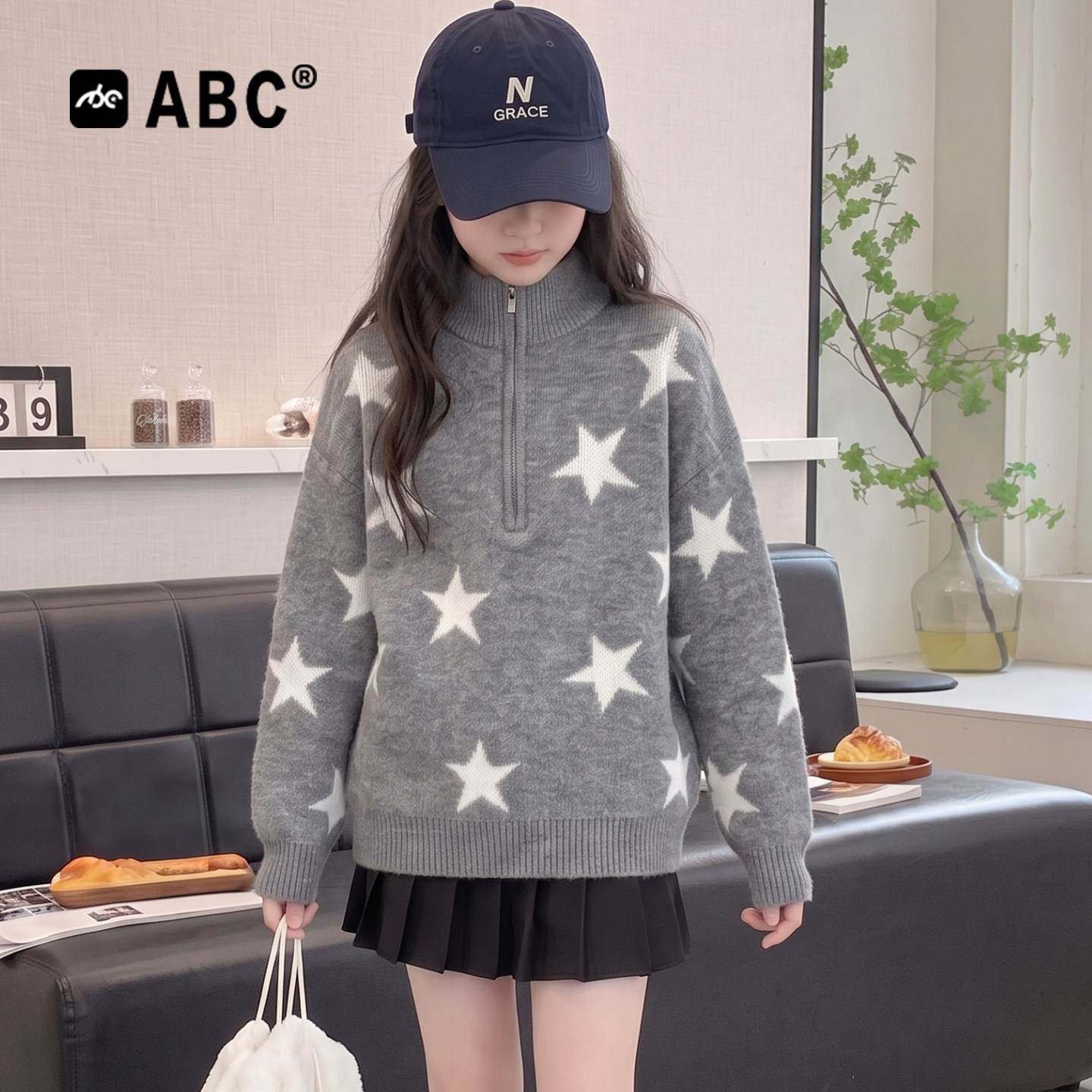 ABC女童毛衣秋冬季2026新款大儿童时髦五角星半拉链高领针织外套