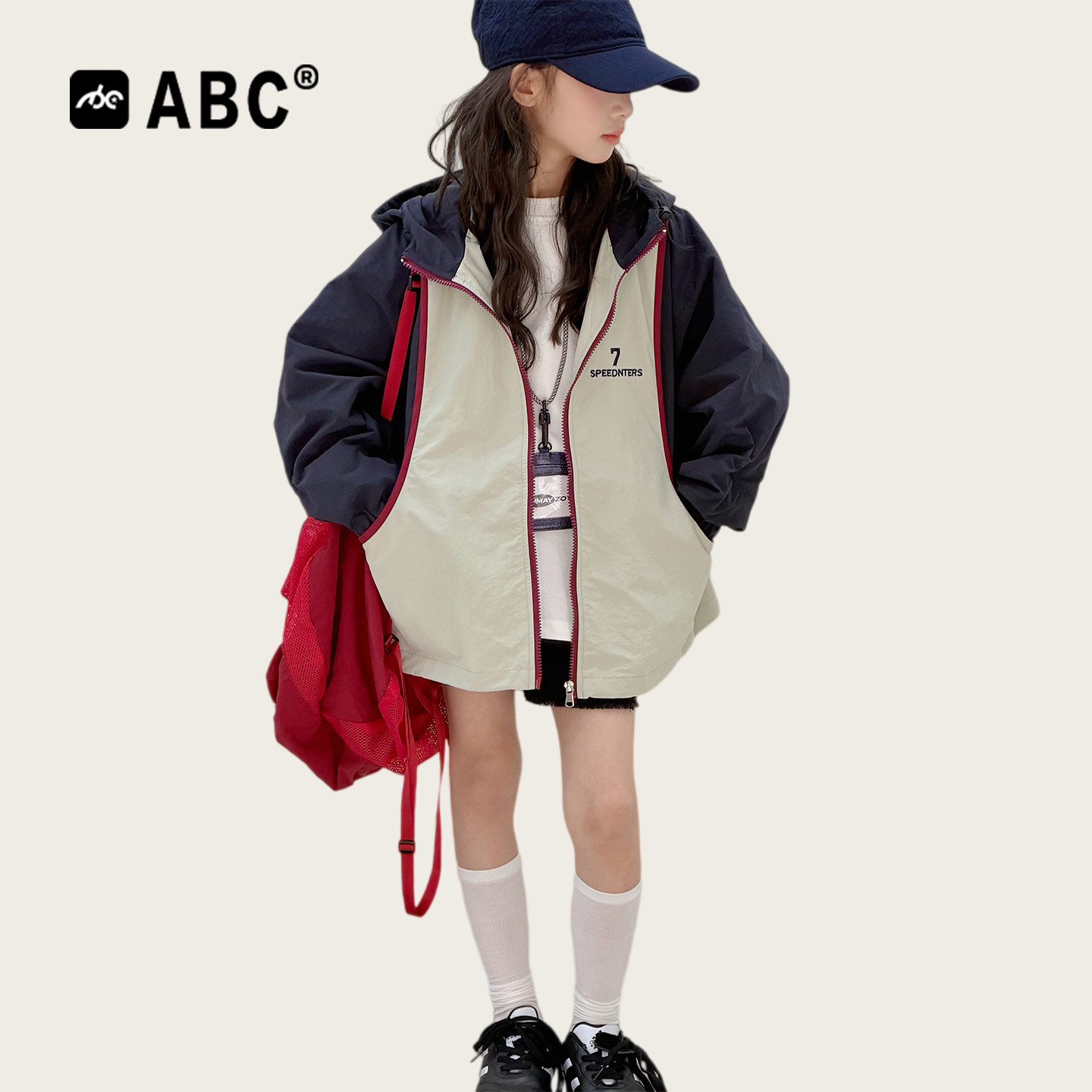 ABC女童春秋拼色连帽百搭外套