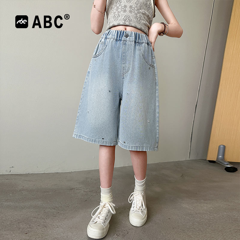 ABC女童夏季爱心满钻牛仔七分裤