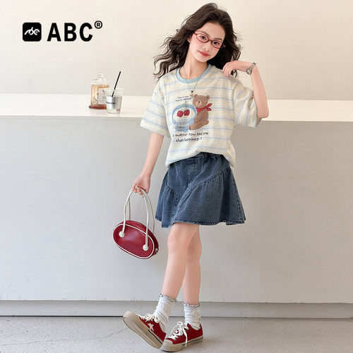 ABC女童夏季小熊牛仔裙两件套