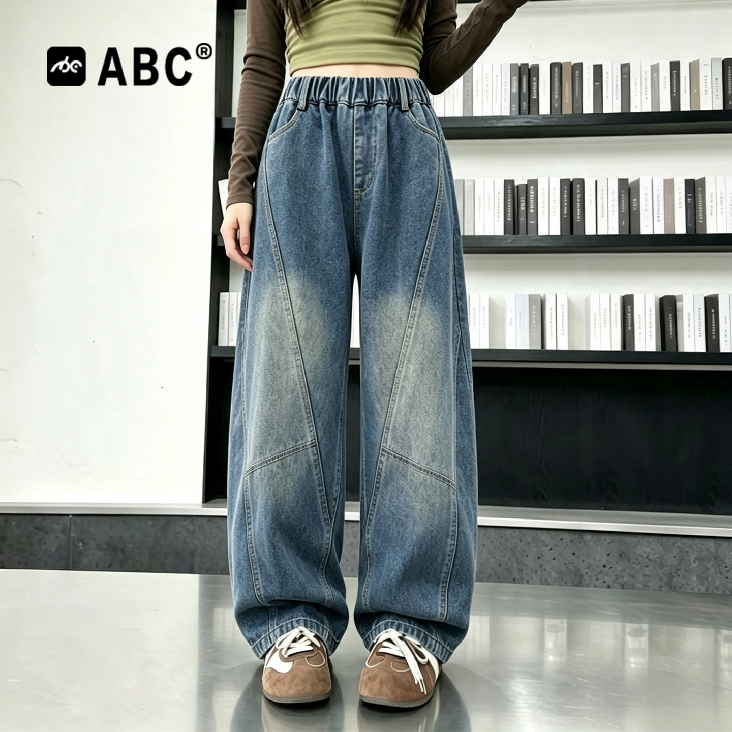 ABC女童春秋拼色宽松牛仔裤潮