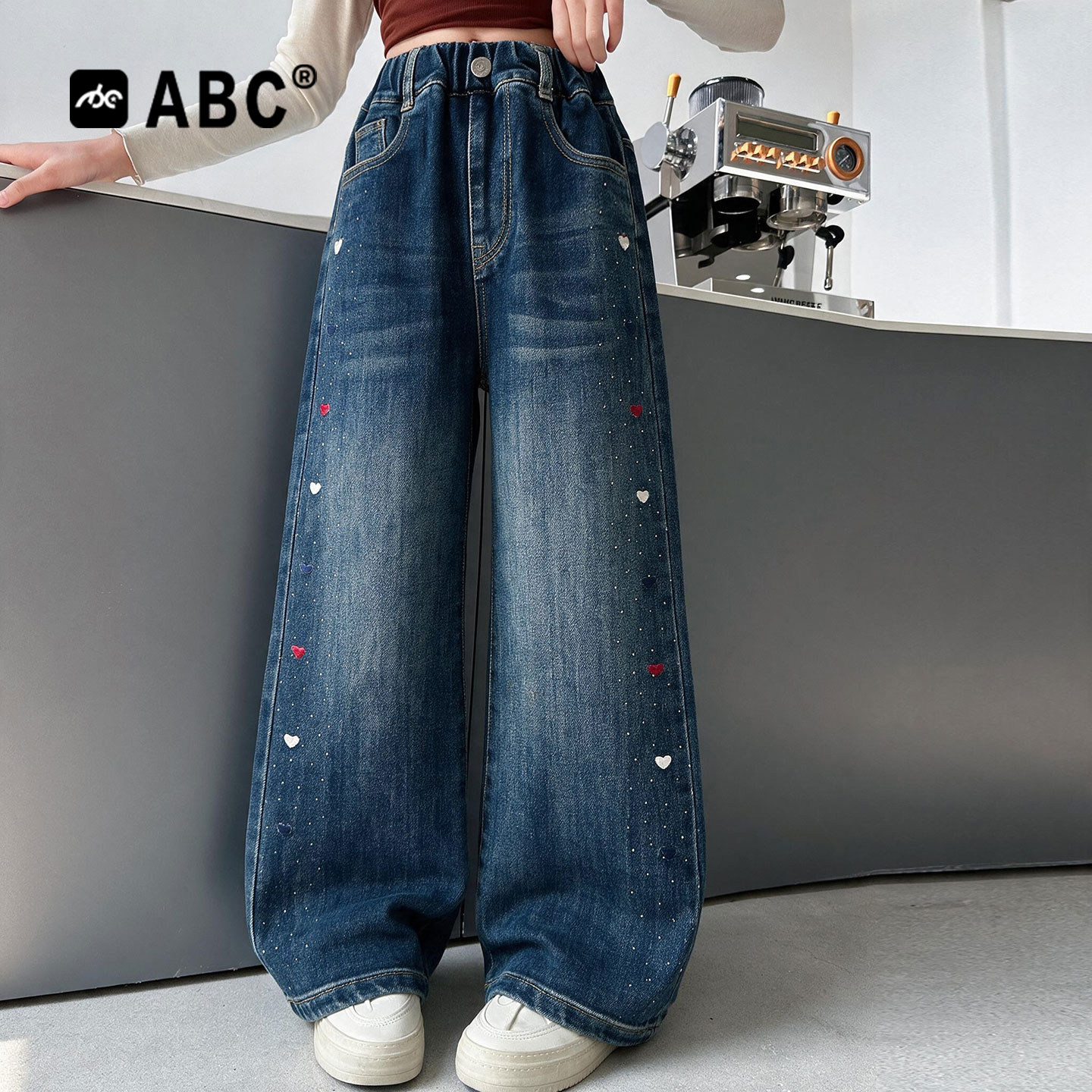 ABC女童春秋爱心刺绣阔腿牛仔裤图片
