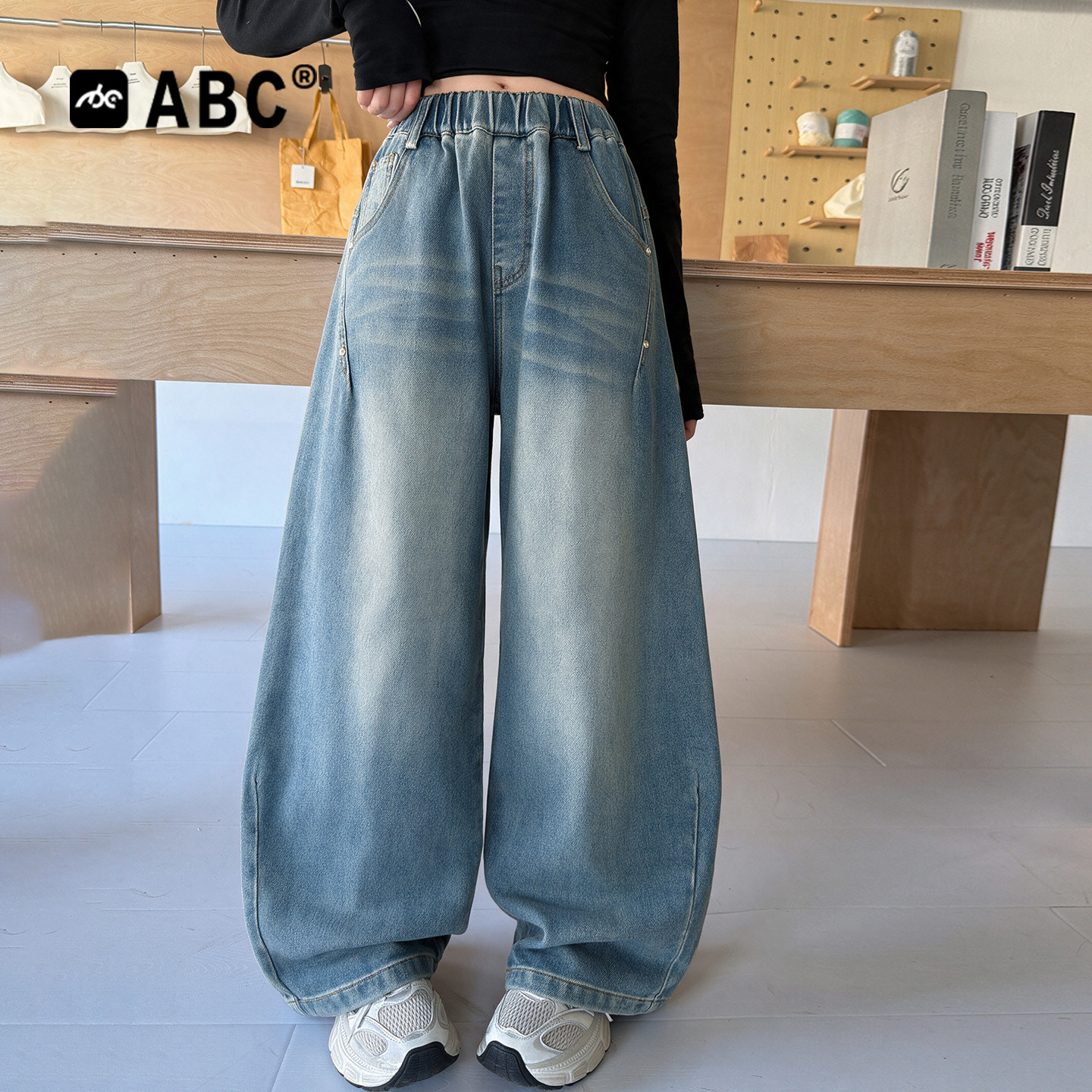 ABC女童春秋百搭阔腿牛仔裤图片