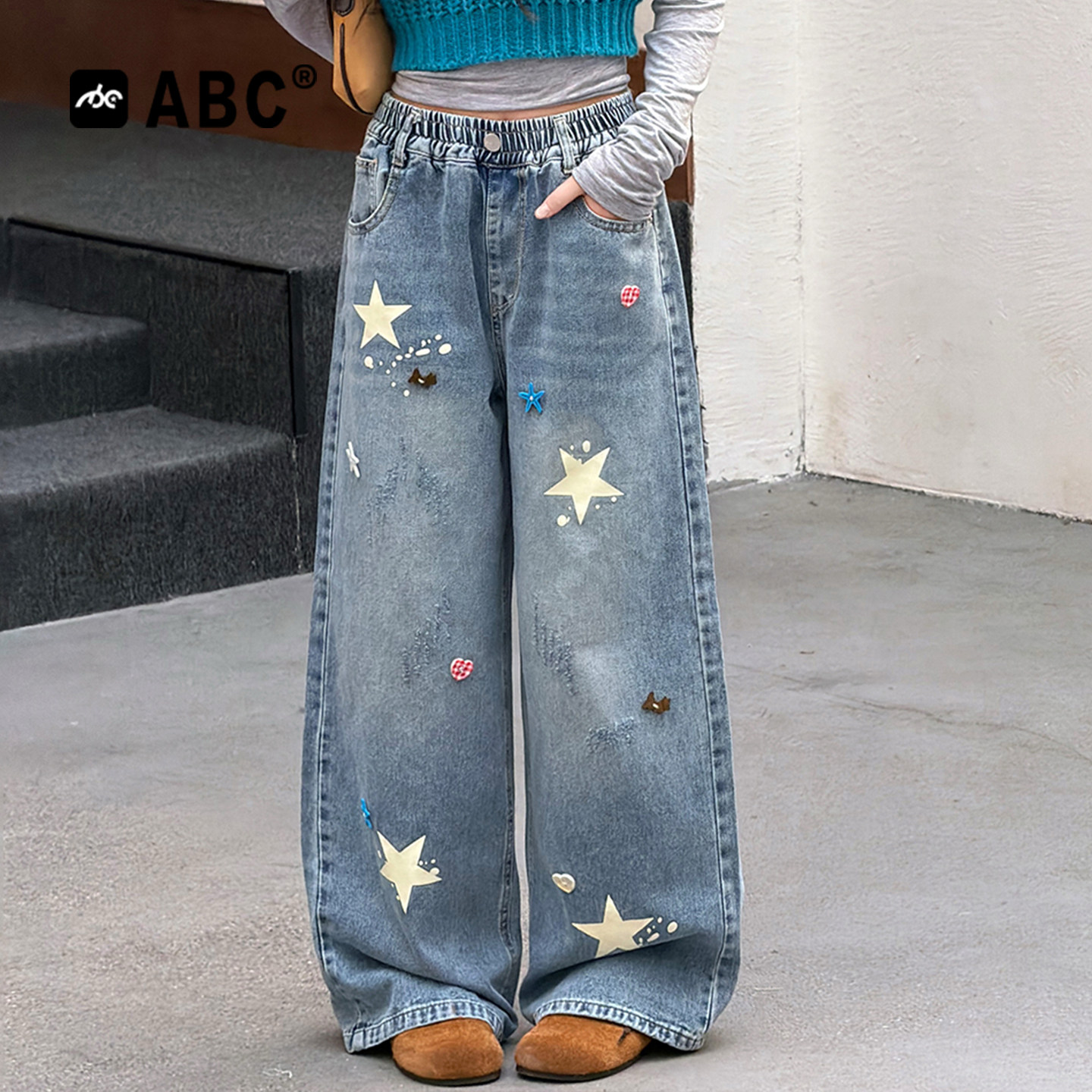 ABC女童春秋五角星直筒牛仔裤