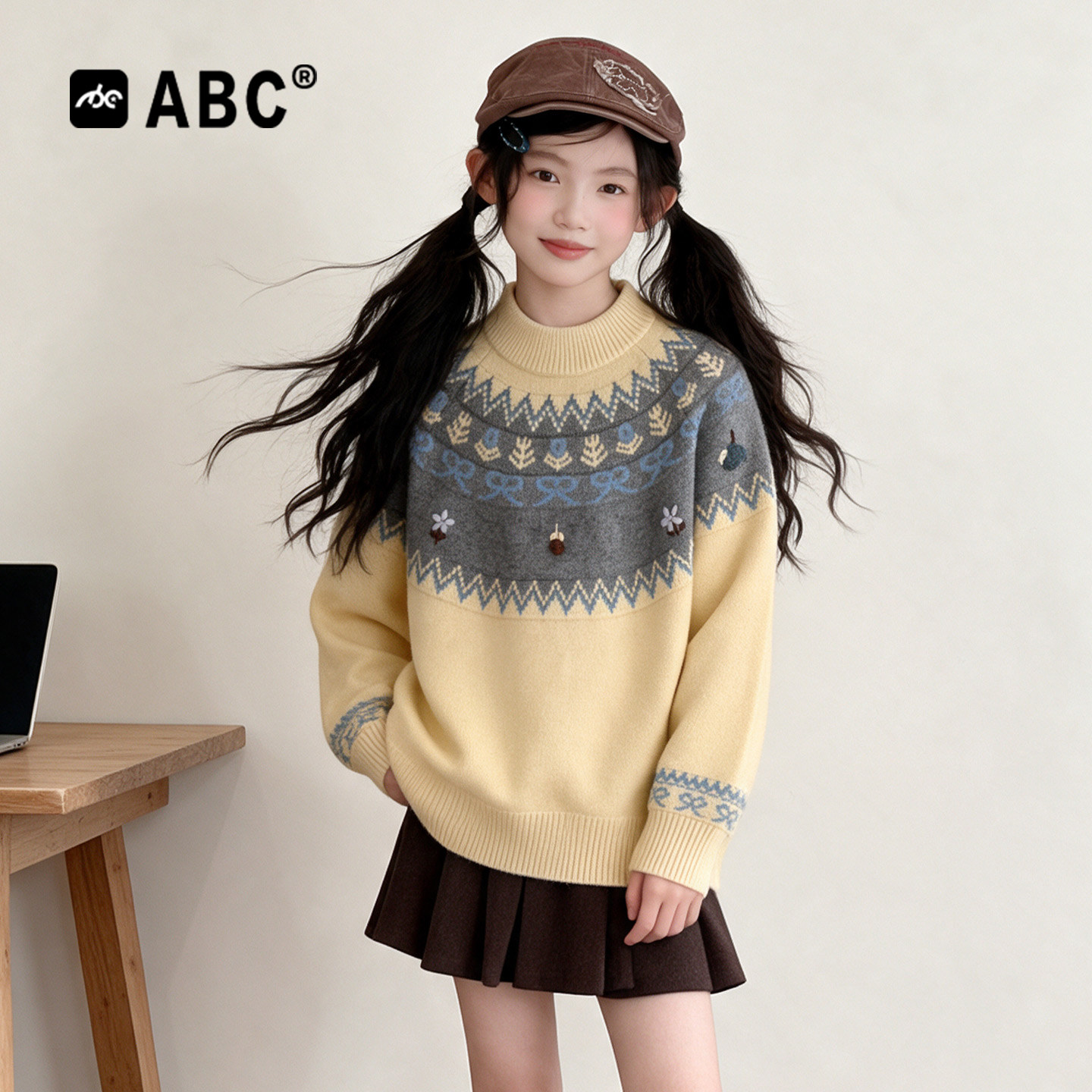 ABC女童费尔岛毛衣秋冬2026新款儿童提花针织衫大童冬季加厚毛衣