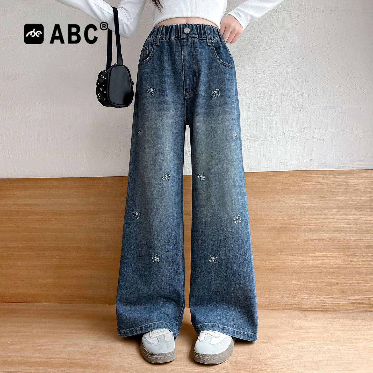 ABC女童春秋绣花珍珠阔腿牛仔裤