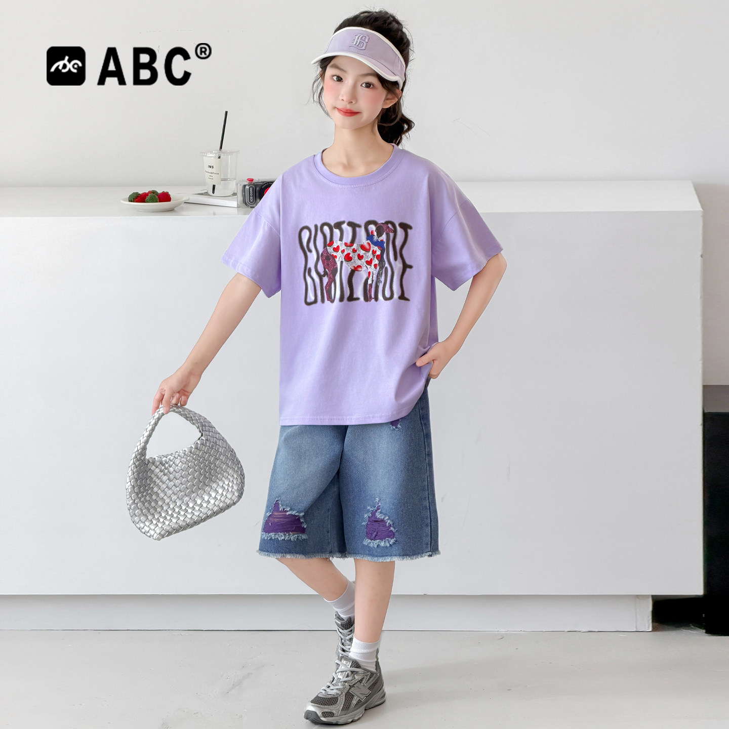 ABC女童夏季两件套2026新款女孩印花短袖牛仔短裤儿童韩系套装潮