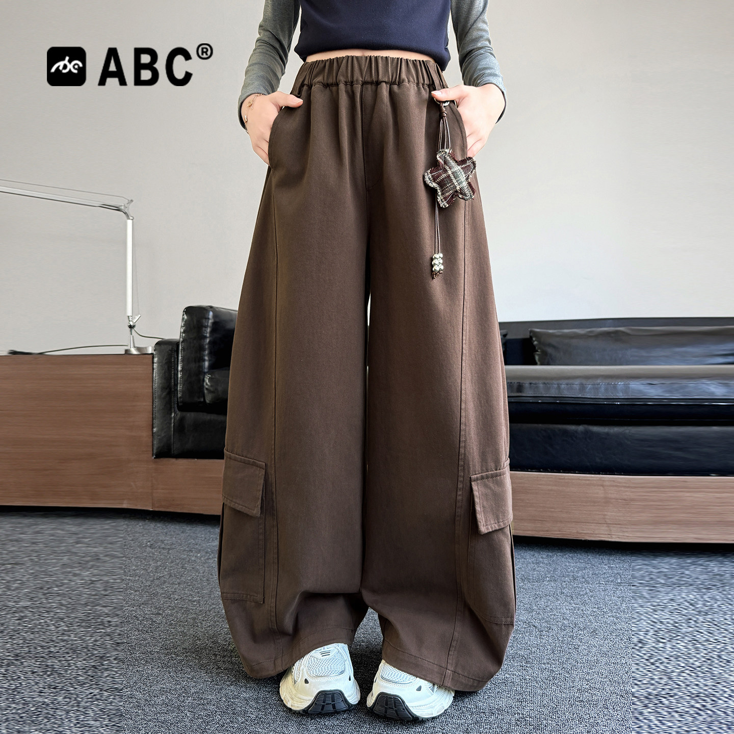 ABC女童春秋抽绳阔腿工装裤