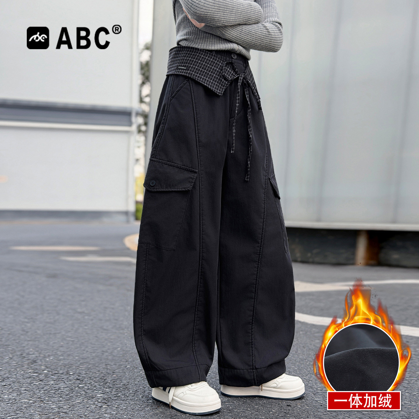 ABC女童裤子2026新款女孩直筒裤秋冬装儿童中大童加绒加厚工装裤