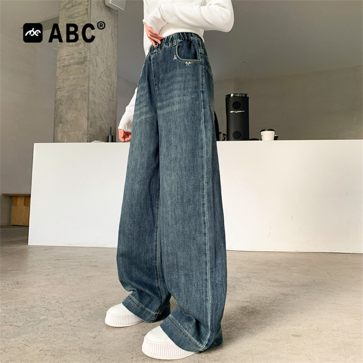 ABC女童蝴蝶结刺绣直筒牛仔裤