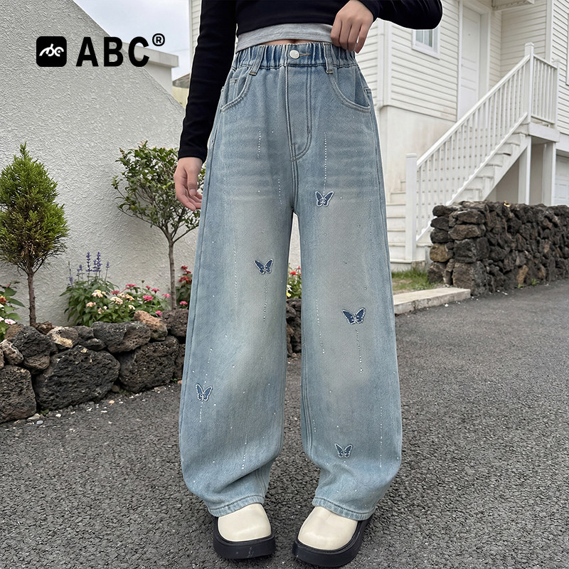 ABC女童春秋烫钻阔腿牛仔裤