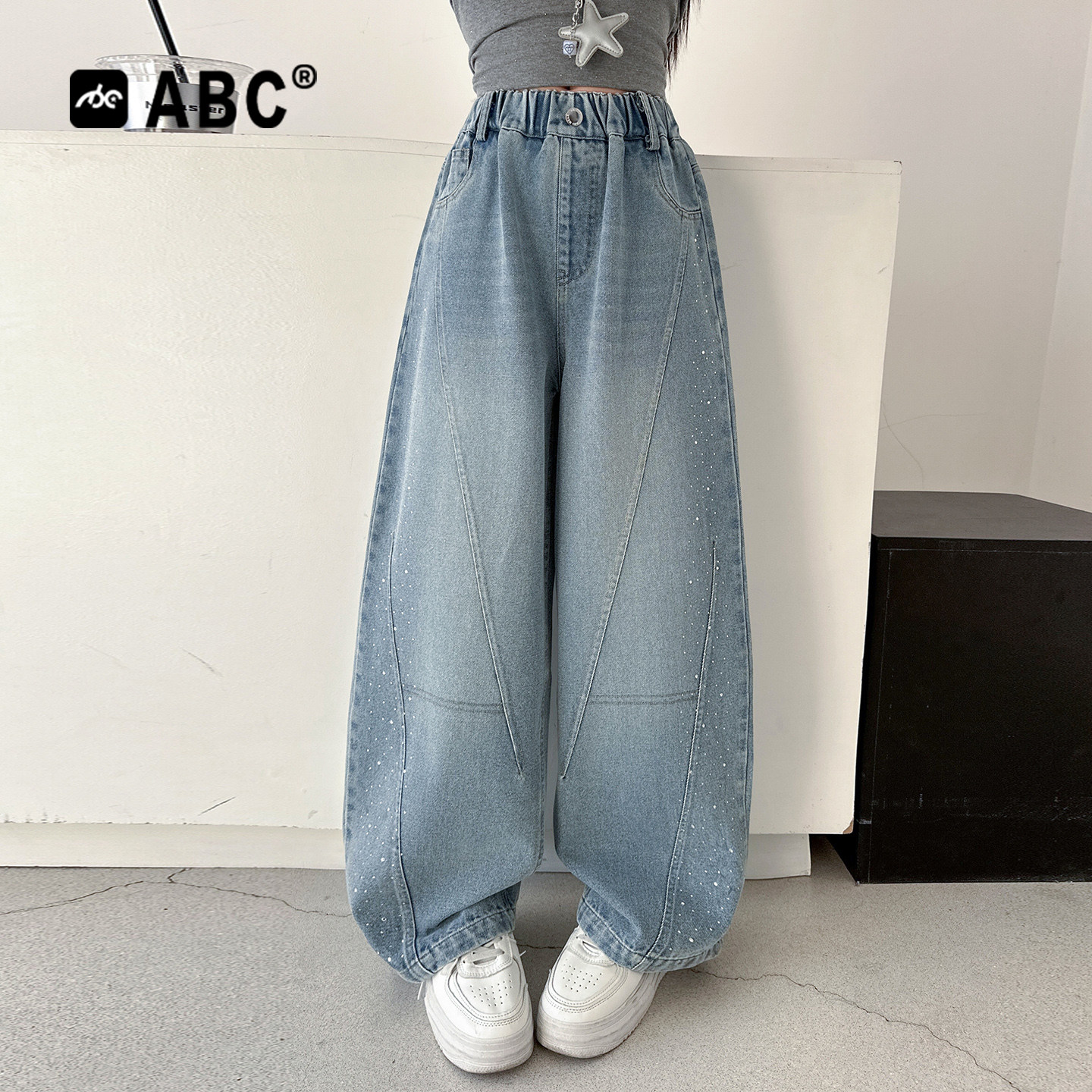 ABC女童春秋烫钻洋气牛仔裤图片