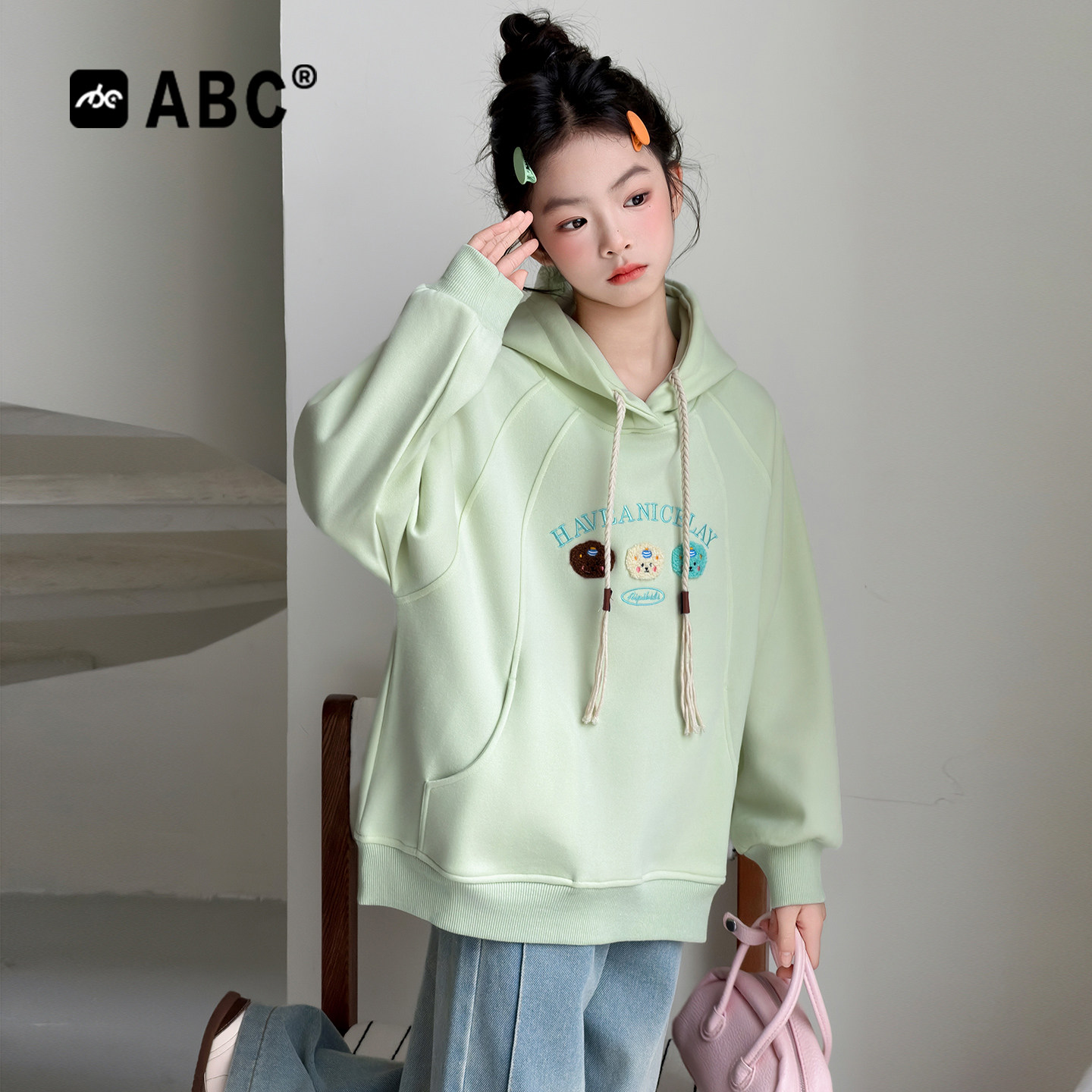 ABC女童连帽卫衣春秋新款中大童卡通刺绣外套上衣学生洋气套头衫