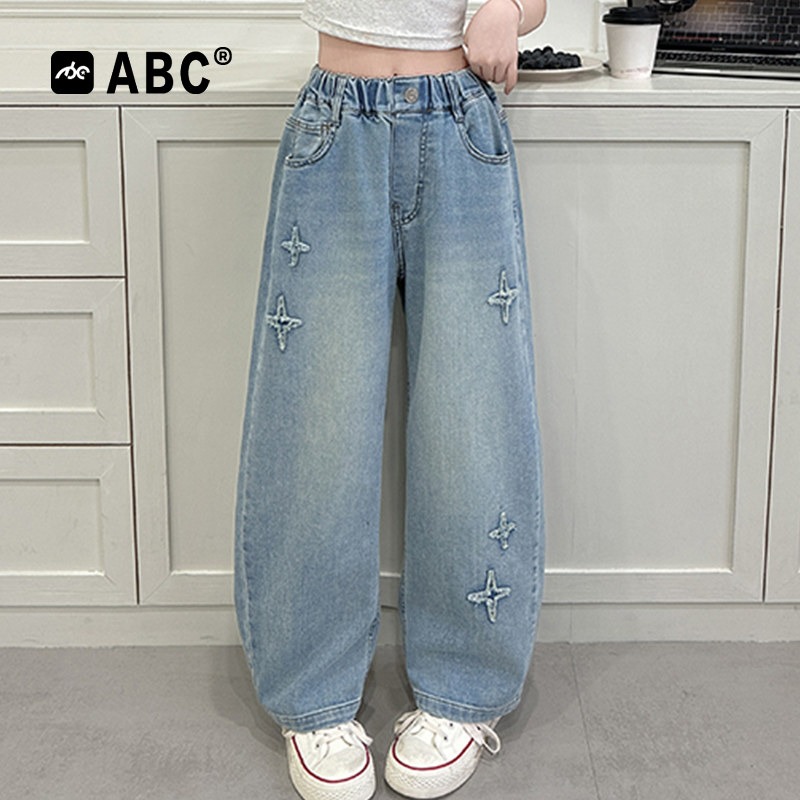 ABC女童韩系刺绣阔腿牛仔裤