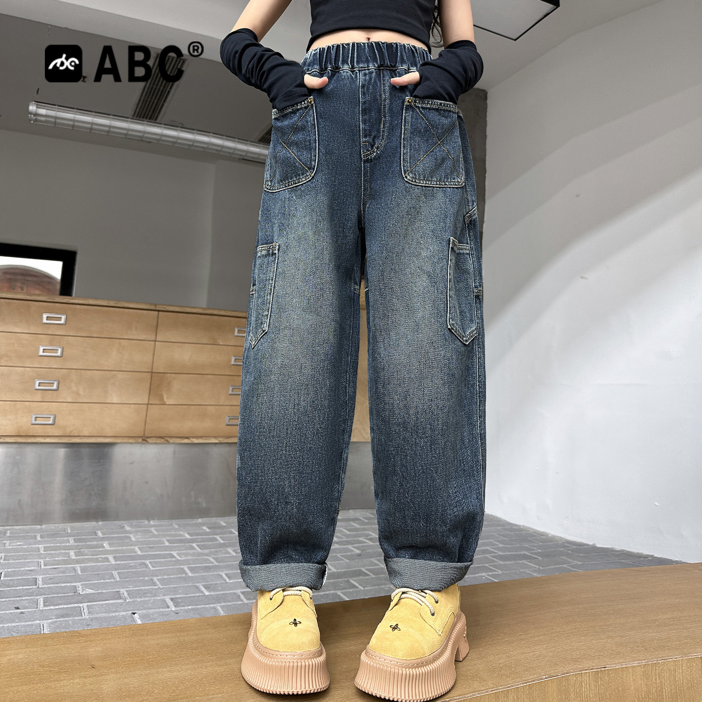 ABC女童春秋新款拼接牛仔小脚裤