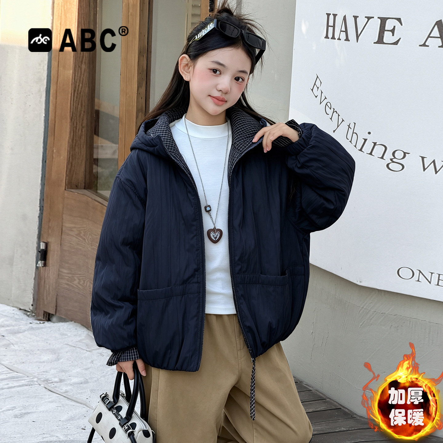 ABC女童秋冬季夹棉加厚外套2026新款儿童格子拼接棉服女大童冬装