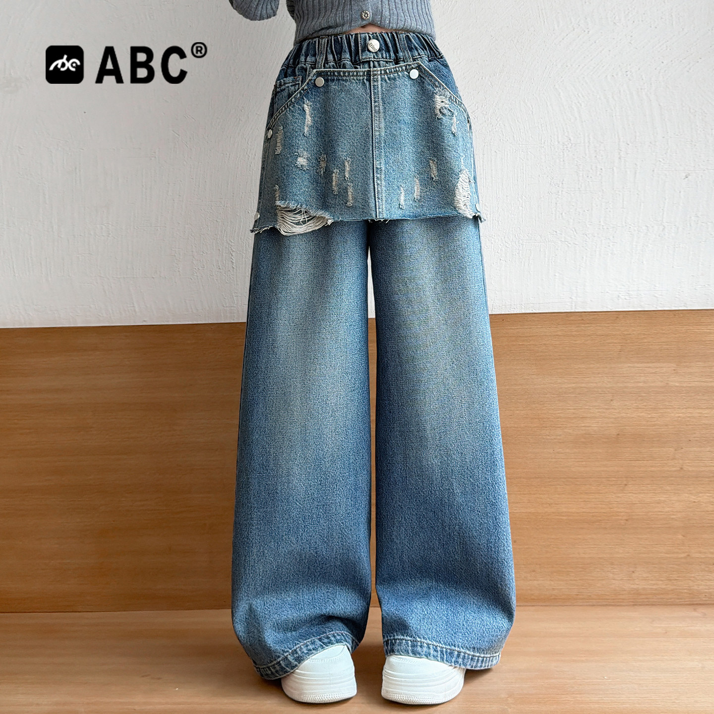 ABC女童两穿牛仔阔腿裤图片