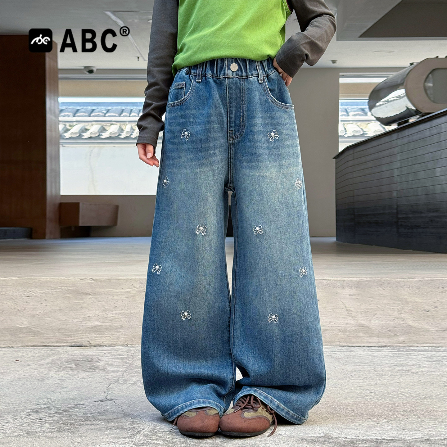 ABC女童春秋蝴蝶结直筒牛仔裤图片