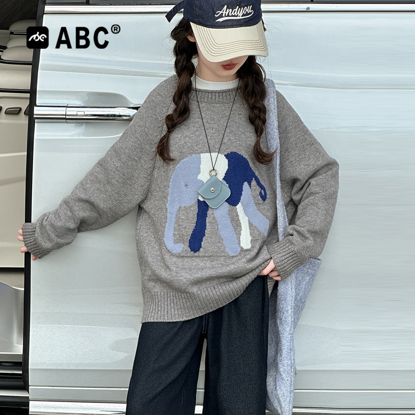ABC女童毛衣秋装2026新款儿童提花针织衫上衣女大童春秋款毛线衣