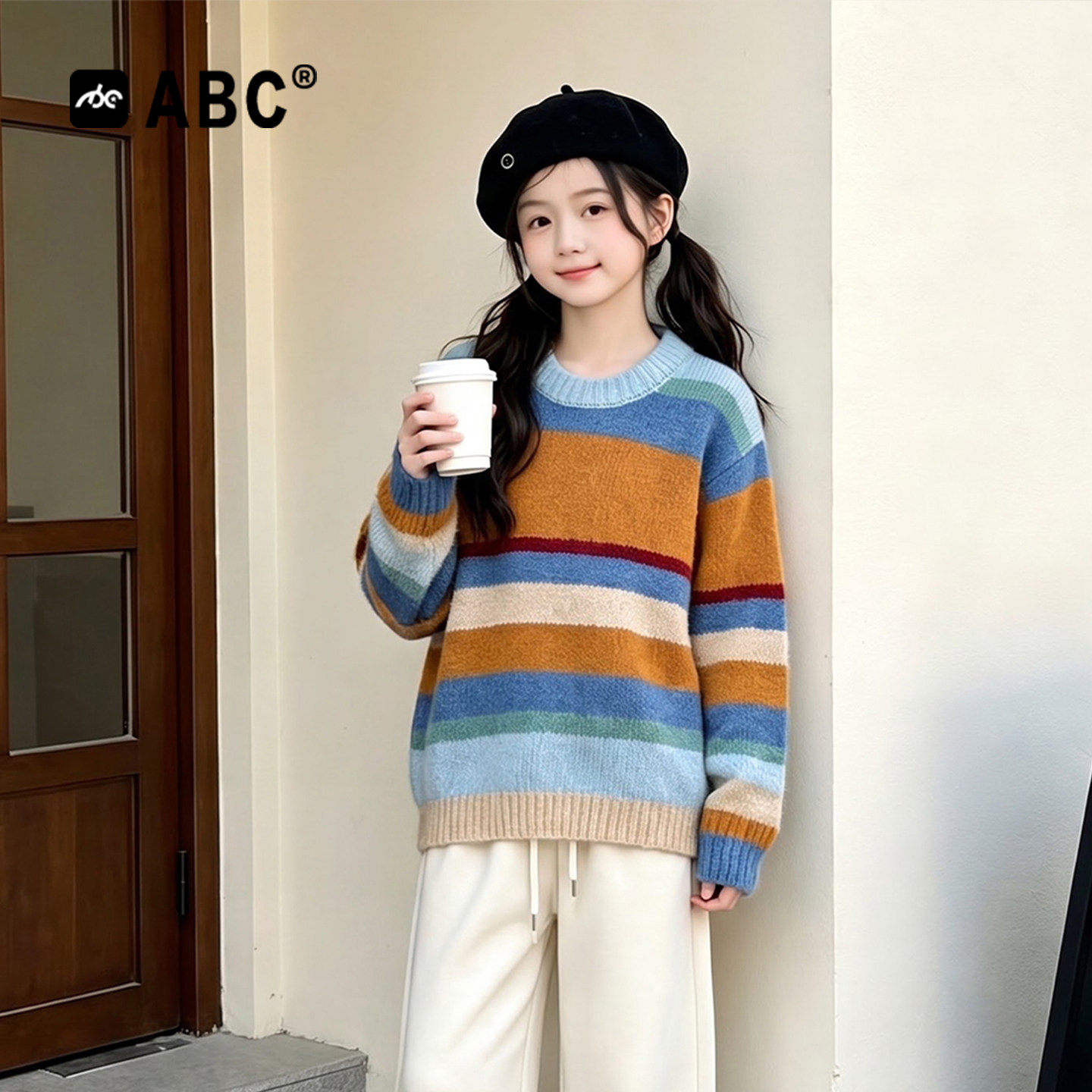 ABC女童毛衣秋装2026新款时尚女大童条纹拼色上衣儿童秋季衣服潮