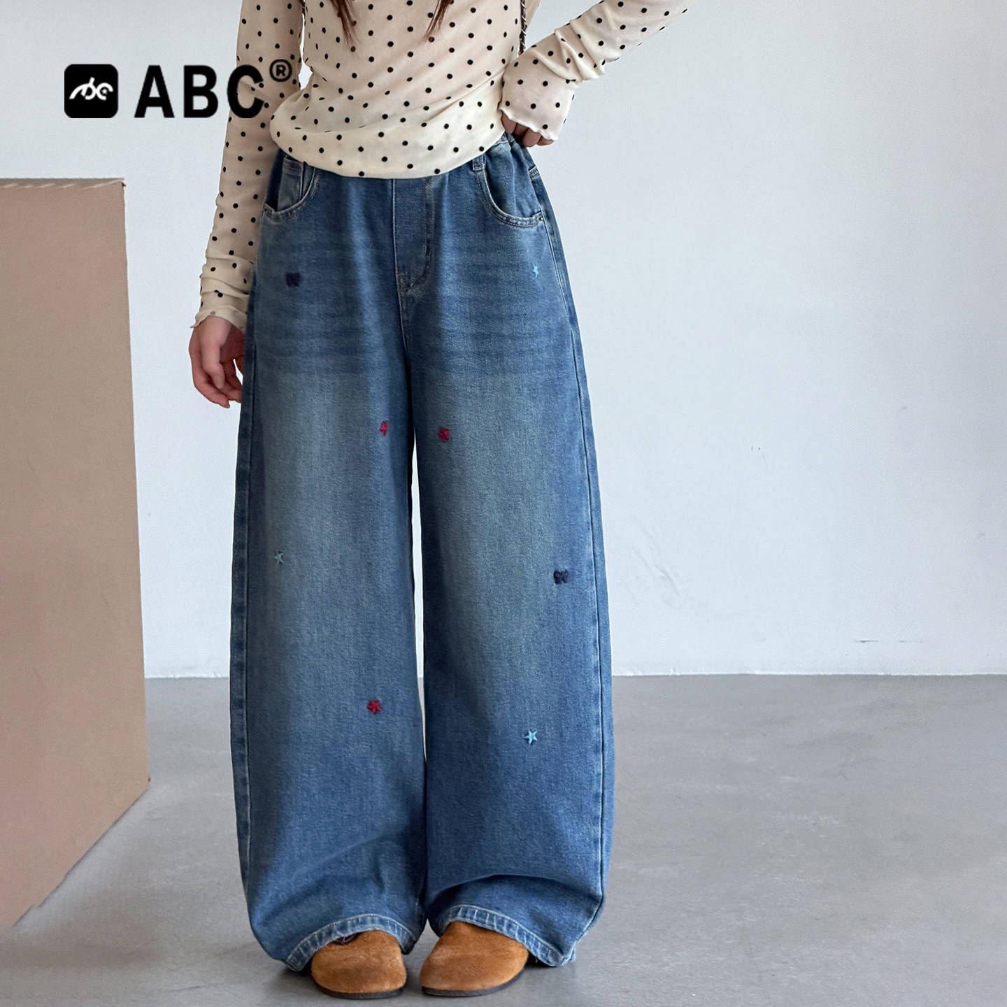 ABC女童春秋新款刺绣牛仔阔腿裤