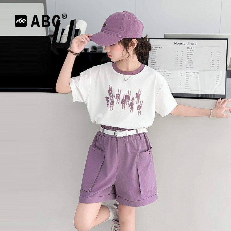 ABC女童夏季两件套2026新款中大童棉布短裤童装6-12岁女孩套装潮