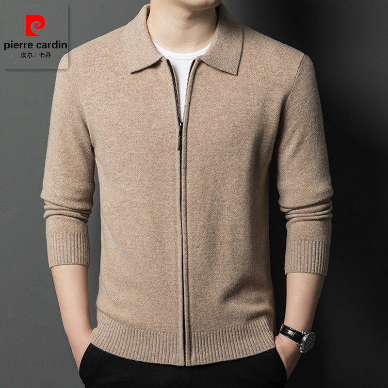皮尔卡丹100%绵羊毛针织开衫男士2025秋冬新款休闲翻领毛衣外套男