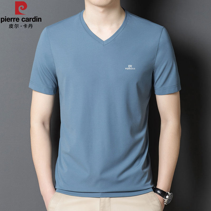 皮尔卡丹桑蚕丝短袖t恤男士V领夏季冰丝半袖polo衫鸡心领中年男装