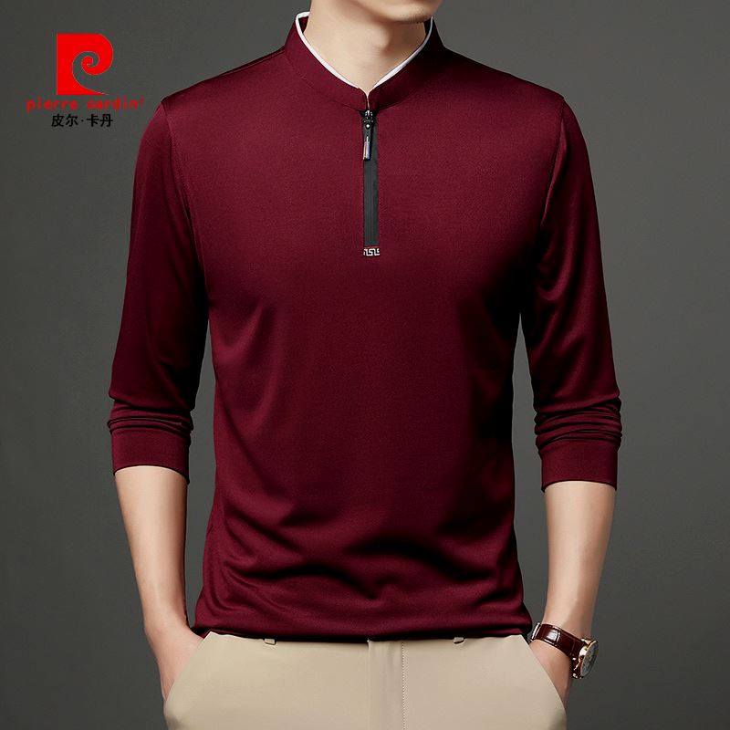 皮尔卡丹桑蚕丝长袖t恤男士立领半拉链体恤春秋季打底POLO衫卫衣