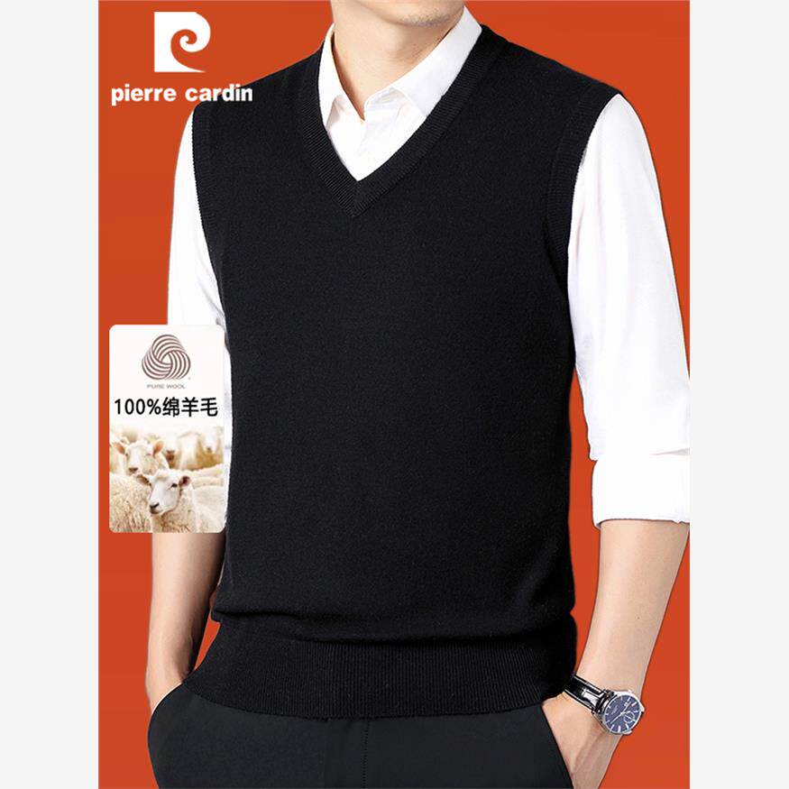 皮尔卡丹100%纯绵羊毛针织V领男士背心马甲中老年爸爸装套头坎肩
