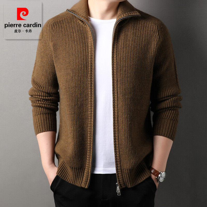 皮尔卡丹秋冬季新款双拉链精仿羊毛衫男士中青年休闲条纹针织开衫