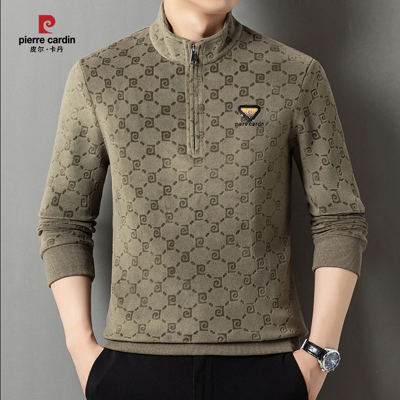 皮尔卡丹冬季新款摇粒绒长袖T恤男士半拉链立领加绒加厚保暖卫衣