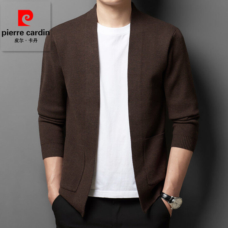 皮尔卡丹高档桑蚕丝+绵羊毛针织开衫男士V领秋季新款毛衣外套上衣