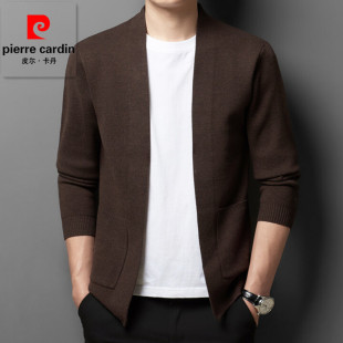 皮尔卡丹高档桑蚕丝+绵羊毛针织开衫男士V领秋季新款毛衣外套上衣