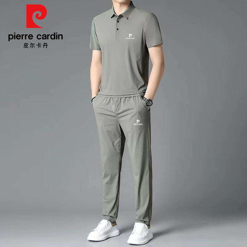 皮尔卡丹夏季新款冰丝短袖POLO衫男士时尚休闲运动套装无痕两件套