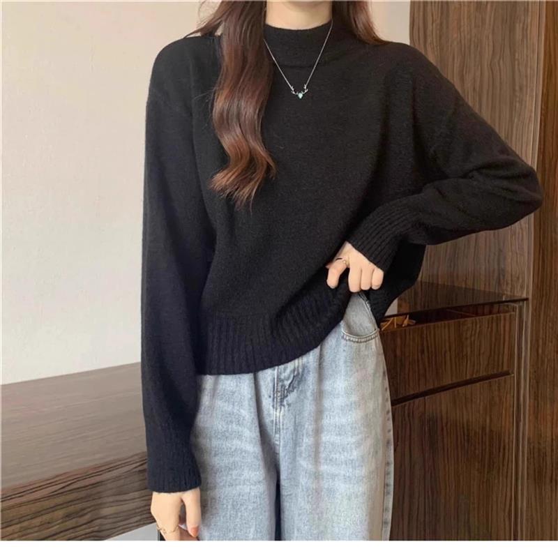 小个子短款半高领套头毛衣女秋冬2024新款加绒加厚百搭针织打底衫