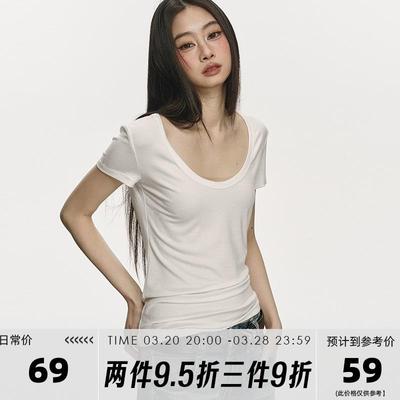 anna aneae正肩u领短袖T恤女夏季宽松显瘦简约针织短款白色上衣潮