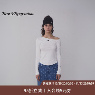 RestandRecreation官方2026新款RR修身斜肩一字领logo印花长袖T恤
