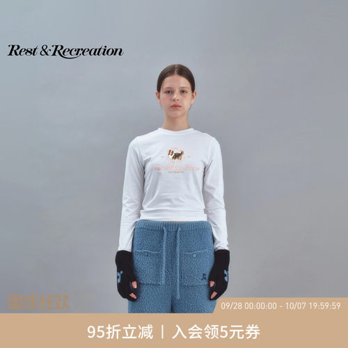 RestandRecreation官方2026秋新款RR可爱宠物图案印花修身长袖T恤