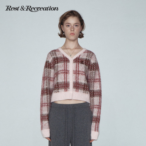 RR马海毛格纹短款V领针织开衫