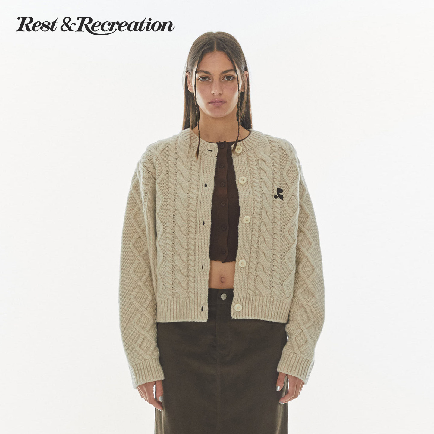 RestandRecreation官方经典款RR粗麻花肌理感logo刺绣针织开衫女